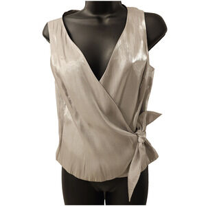 Ann Taylor Blouse Women's 6 Silver Satin Metallic Silk Sleeveless Side Tie